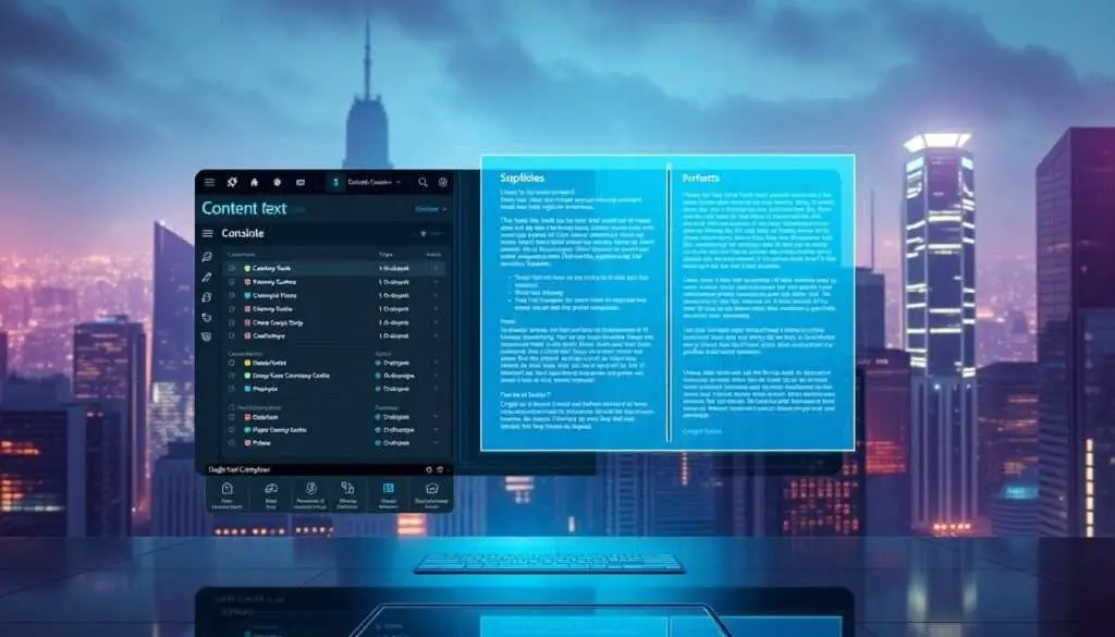 A bold, high-tech visual representation of a "duplicate content checker" tool. In the foreground, an advanced user interface with sleek, minimalist design elements showcasing various content comparison functions. The middle ground depicts a holographic display highlighting side-by-side text analysis, identifying similarities and discrepancies. In the background, a futuristic cityscape with skyscrapers bathed in cool, neon-infused lighting, conveying a sense of technological innovation. The overall mood is one of efficient, data-driven content optimization, highlighted by the "wise tech advisor" brand.
