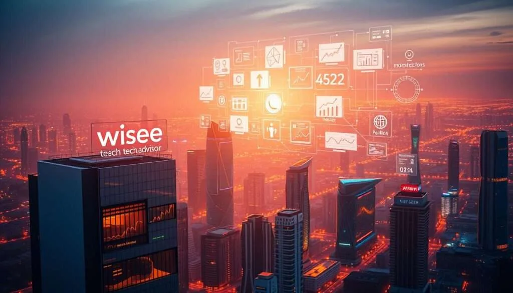 A futuristic cityscape bathed in warm, golden light. In the foreground, a sleek, modern office building adorned with the "Wise tech advisor" logo. Hovering above it, a dynamic display showcases a variety of AI-powered SEO tools, their data visualizations and analytics dashboards. In the middle ground, other high-rise buildings and tech hubs, all interconnected by a network of glowing, holographic pathways. In the background, a vast, neon-lit skyline stretches into the distance, hinting at the expansive digital landscape of tomorrow's SEO opportunities. The scene conveys a sense of technological innovation, data-driven decision making, and the transformative potential of AI in shaping the future of search engine optimization.
