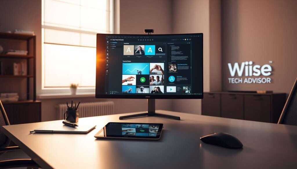 A modern, sleek office workspace with a large, curved monitor displaying various AI-powered content creation tools. On the desk, a tablet, stylus, and a mouse are arranged neatly. The room is bathed in warm, diffused lighting, creating a productive and focused atmosphere. In the background, the Wise Tech Advisor logo is subtly visible, hinting at the innovative technology powering these AI tools. The composition emphasizes the harmony between human creativity and AI-driven productivity gains in the content creation workflow.