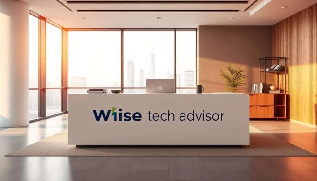 A stylish and modern office interior with a large desk featuring the "Wise tech advisor" branding prominently displayed. On the desk, a sleek laptop and various office accessories. In the background, a large window overlooking a cityscape. Warm, natural lighting illuminates the space, creating a productive and inviting atmosphere. The room is minimalist and well-organized, with clean lines and a neutral color palette that accentuates the "Wise tech advisor" branding. The overall scene conveys a sense of professionalism, efficiency, and technological sophistication.