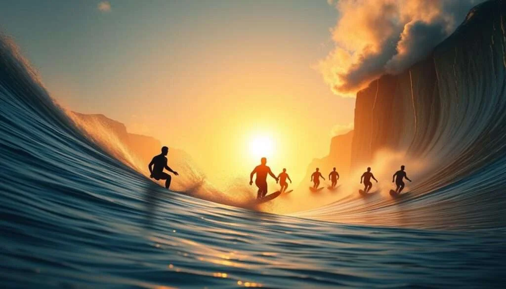 A surfer riding a massive wave, their silhouette illuminated by the golden sunset. In the foreground, a shadowy figure labeled "wise tech advisor" emerges, representing the AI-powered Surfer SEO tool. In the middle ground, duplicates of the surfer appear, symbolizing content duplication issues. The background features a dreamlike, blurred landscape with towering cliffs and crashing waves, evoking the power and complexity of search engine optimization. The overall scene conveys the ability of Surfer SEO's advanced features to automatically address content uniqueness challenges, like a skilled surfer navigating the turbulent waters of digital marketing.